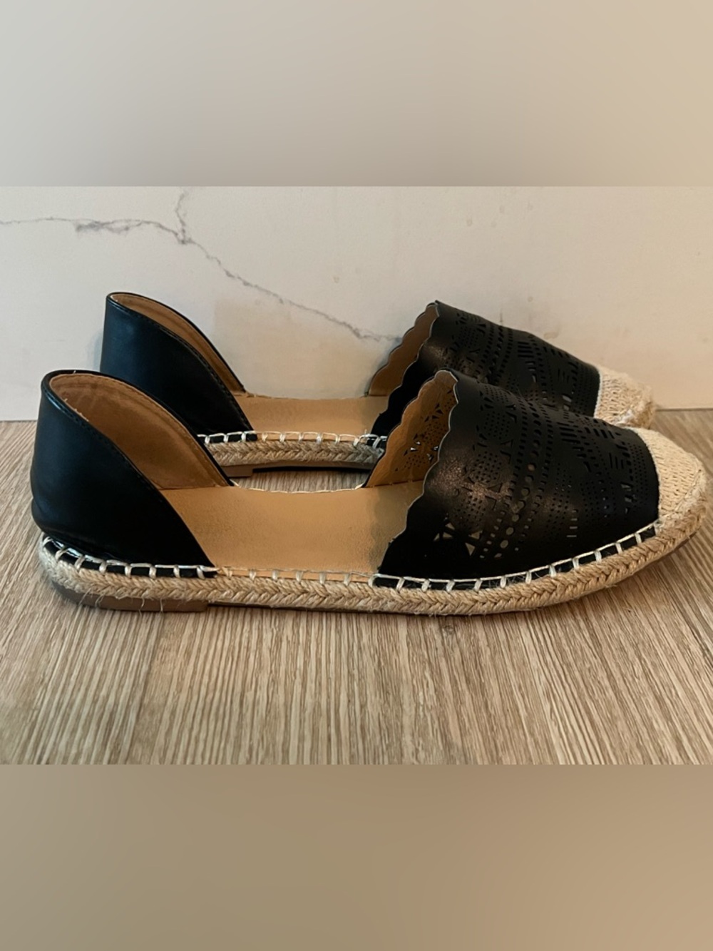 Wanted Black Laser-Cut Espadrille Slides